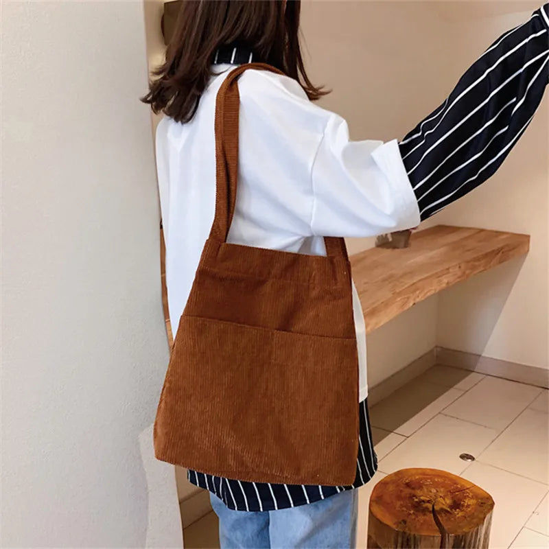 Winter Women Corduroy Handbag Canvas Shoulder Bag Casual Tote Crossbody Shopper