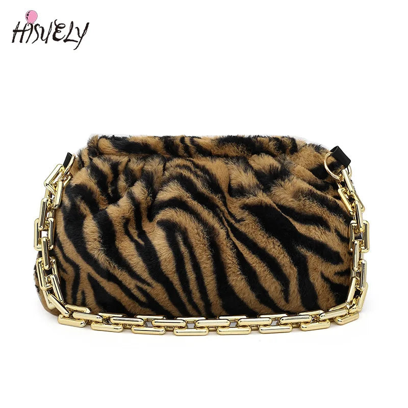 Winter Plush Chain Shoulder Bag Retro Cow Pattern Underarm Handbag