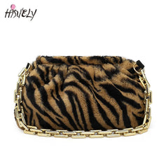 Winter Plush Chain Shoulder Bag Retro Cow Pattern Underarm Handbag