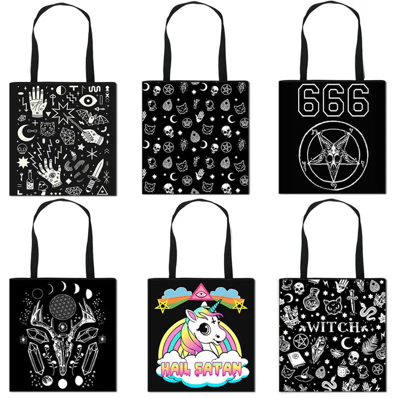 Witch 666 Hail Satan Shoulder Bag Baphomet Witchcraft Handbag Cat Tote