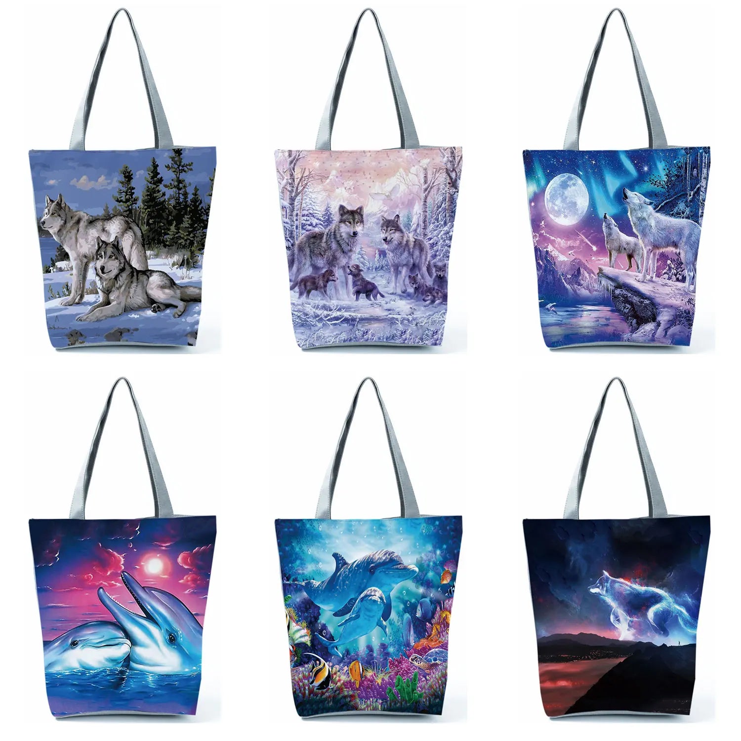 Wolf Printed Casual Handbags High Capacity Storage Bag Women Shopping Bag