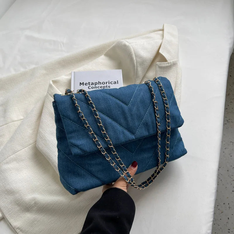 Women Denim Stripe Messenger Bag Casual Shoulder Handbag