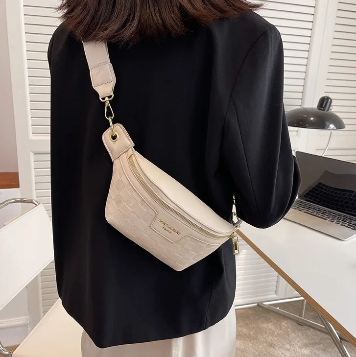 Women Plaid PU Leather Waist Pack Crossbody Chest Bag