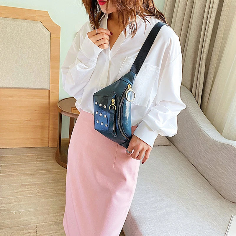 Rivet Leather Waist Bag for Women Lady Fanny Pack Shoulder Bags Wallet