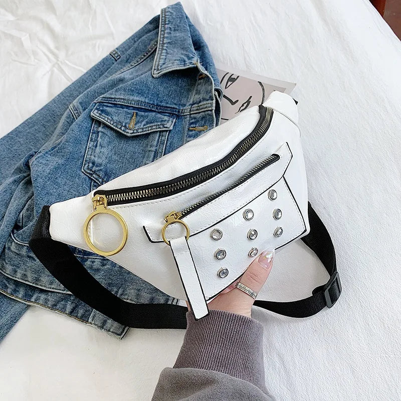 Rivet Leather Waist Bag for Women Lady Fanny Pack Shoulder Bags Wallet