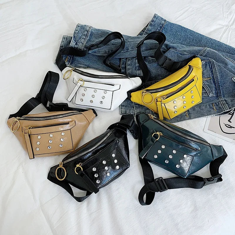 Rivet Leather Waist Bag for Women Lady Fanny Pack Shoulder Bags Wallet