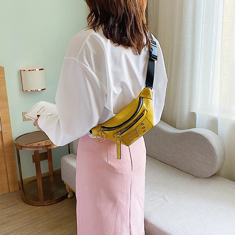 Rivet Leather Waist Bag for Women Lady Fanny Pack Shoulder Bags Wallet