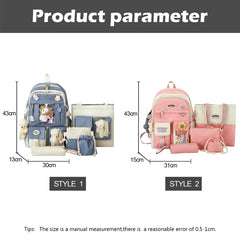 Women 5-Piece Set Backpack Cartoon School Bags High-Capacity Girls Tote