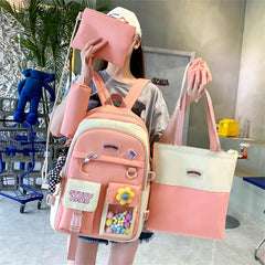 Women 5-Piece Set Backpack Cartoon School Bags High-Capacity Girls Tote