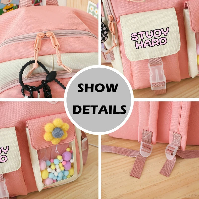 Women 5-Piece Set Backpack Cartoon School Bags High-Capacity Girls Tote
