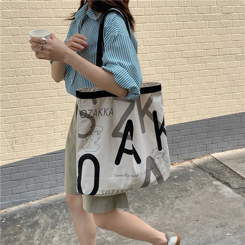 Women AK Letter Canvas Shopping Bag Eco Handbag Tote Reusable Grocery Bags