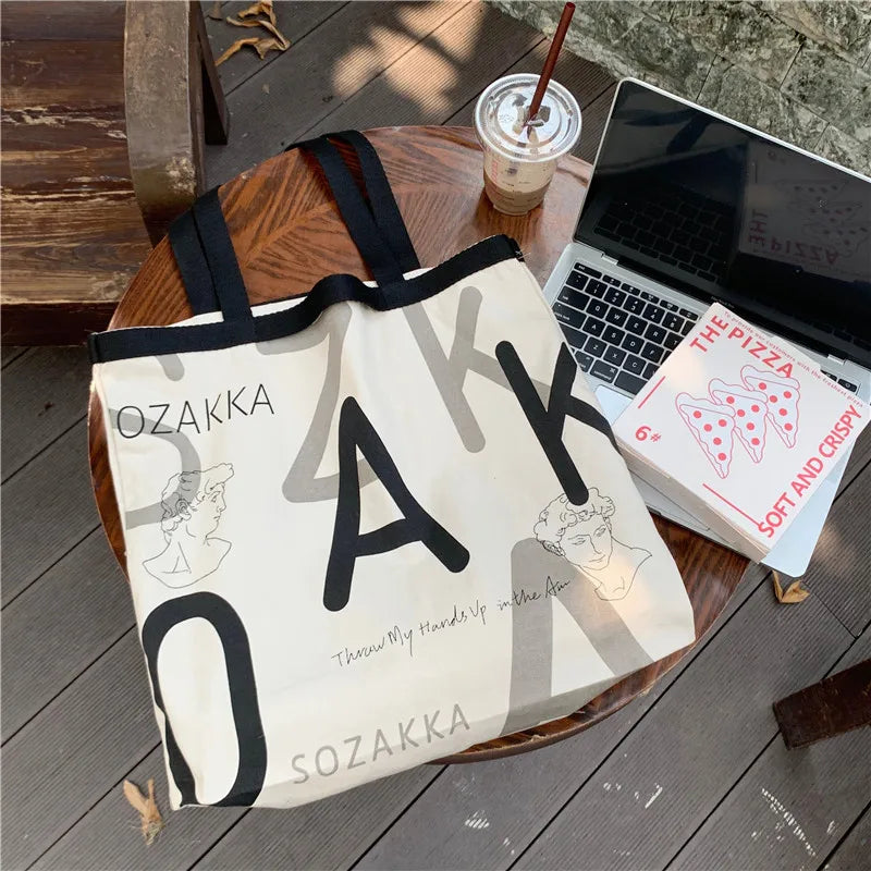 Women AK Letter Canvas Shopping Bag Eco Handbag Tote Reusable Grocery Bags