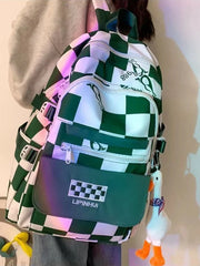 Women Backpack Checkerboard Laptop Nylon Large Capacity Stylish School Bag