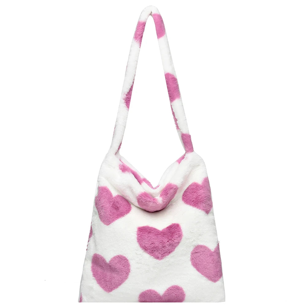 Women Fluffy Plush Shoulder Bag Retro Large Capacity Casual Zipper Handbag