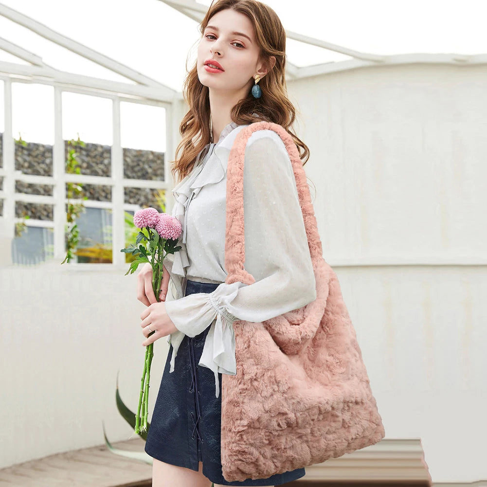 Women Fluffy Plush Shoulder Bag Retro Large Capacity Casual Zipper Handbag