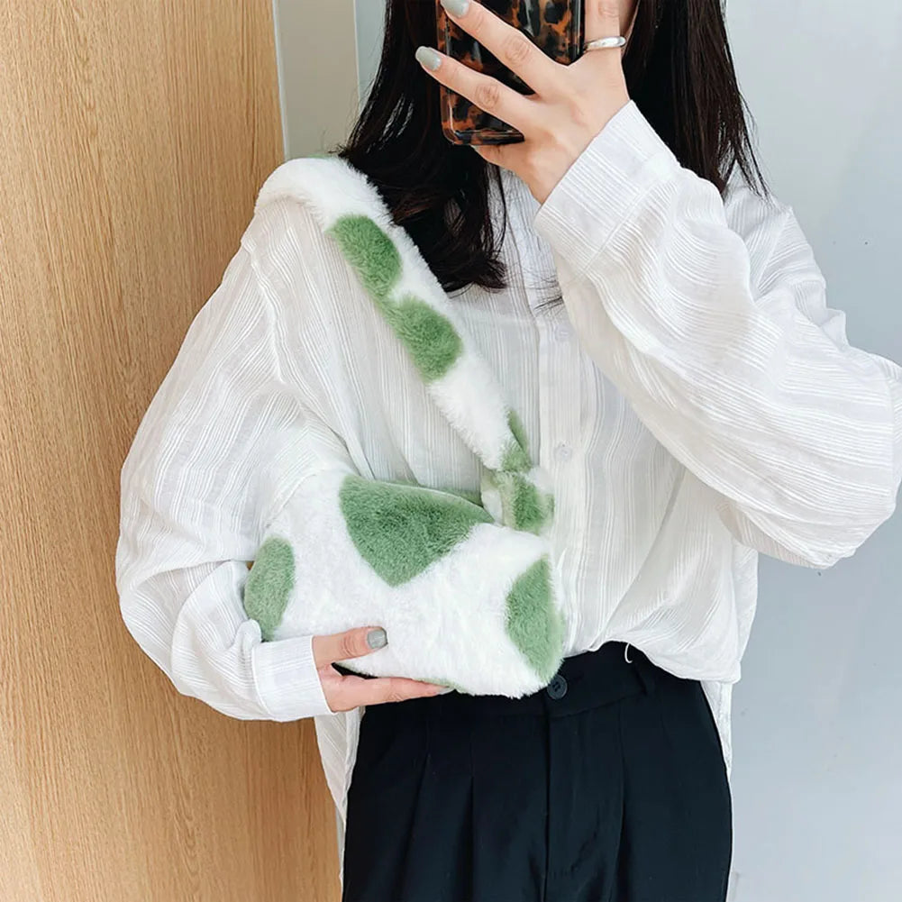 Women Fluffy Plush Shoulder Bag Retro Large Capacity Casual Zipper Handbag