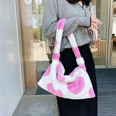 Women Fluffy Plush Shoulder Bag Retro Large Capacity Casual Zipper Handbag