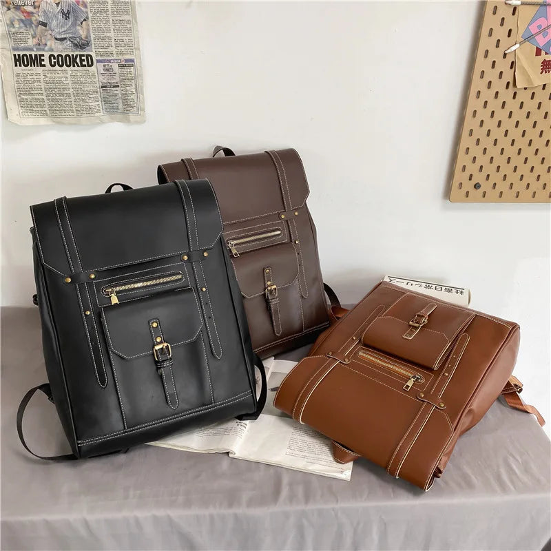 Vintage PU Leather Women Backpack Men Rucksack Large Capacity School Bag