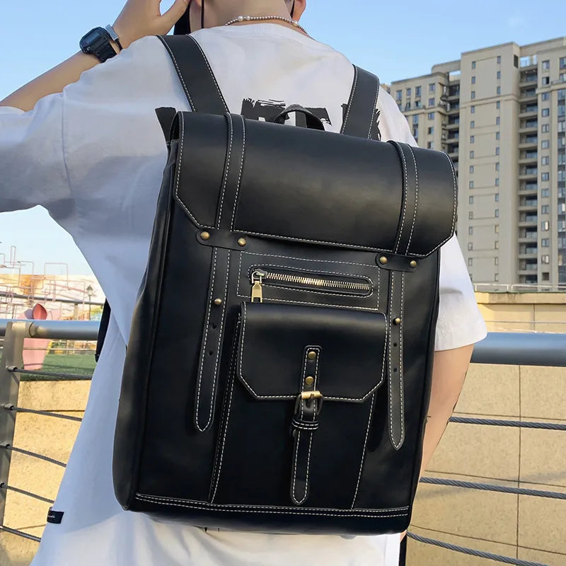 Vintage PU Leather Women Backpack Men Rucksack Large Capacity School Bag