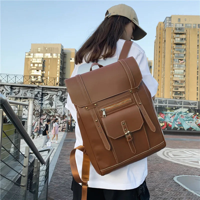Vintage PU Leather Women Backpack Men Rucksack Large Capacity School Bag
