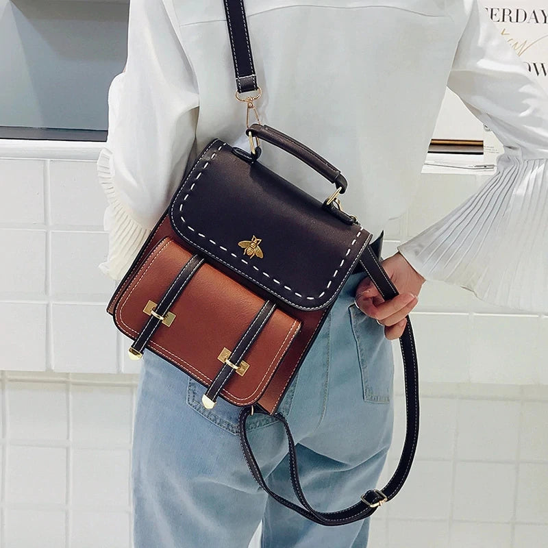 Vintage Leather Preppy Female Backpack Little Bee School College Travel Bag