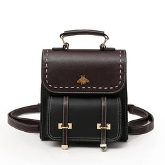 Vintage Leather Preppy Female Backpack Little Bee School College Travel Bag