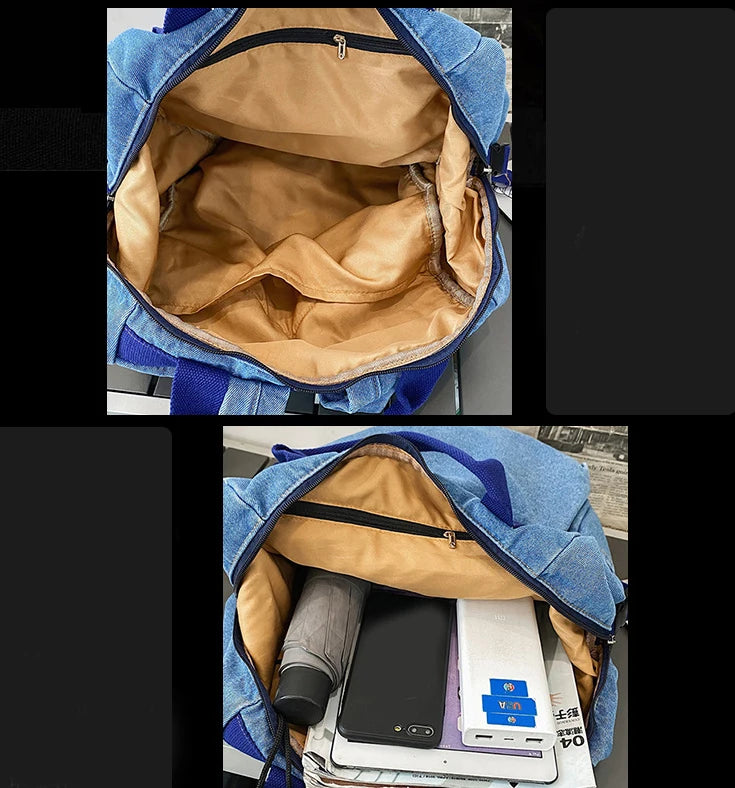 Denim School Bag for Teenagers Girls Laptop Bookbags Rucksack Mochila