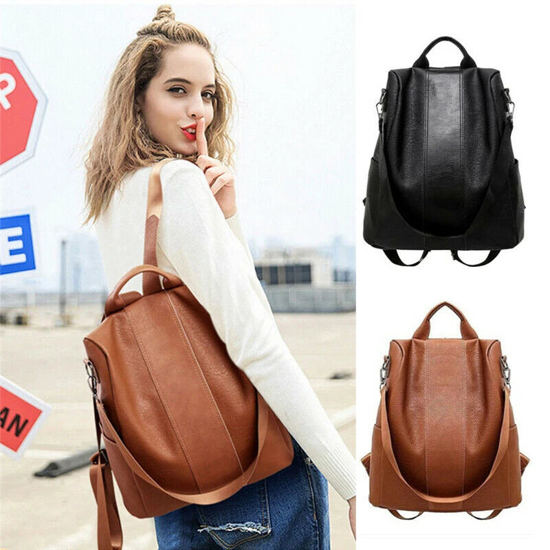 Women Backpacks Female Anti-theft Classic PU Leather Solid Shoulder Bag Brown
