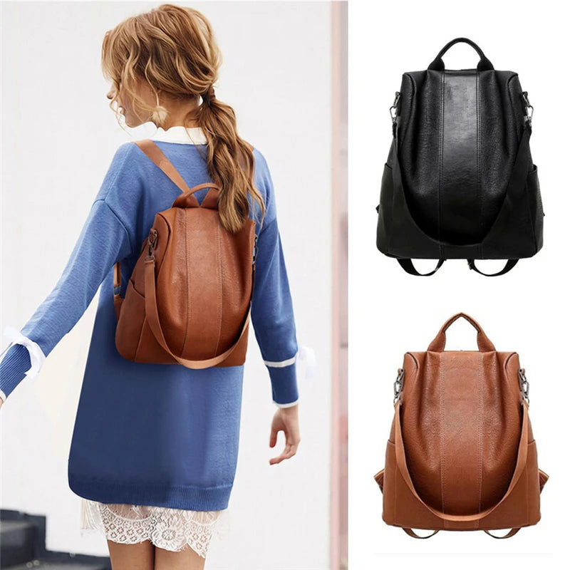 Women Backpacks Female Anti-theft Classic PU Leather Solid Shoulder Bag Brown