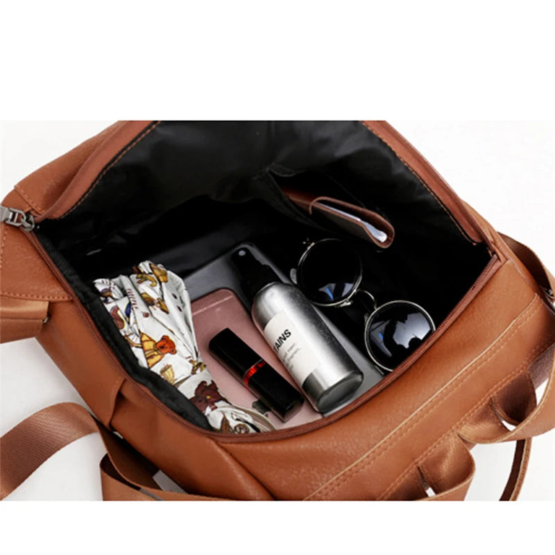 Women Backpacks Female Anti-theft Classic PU Leather Solid Shoulder Bag Brown