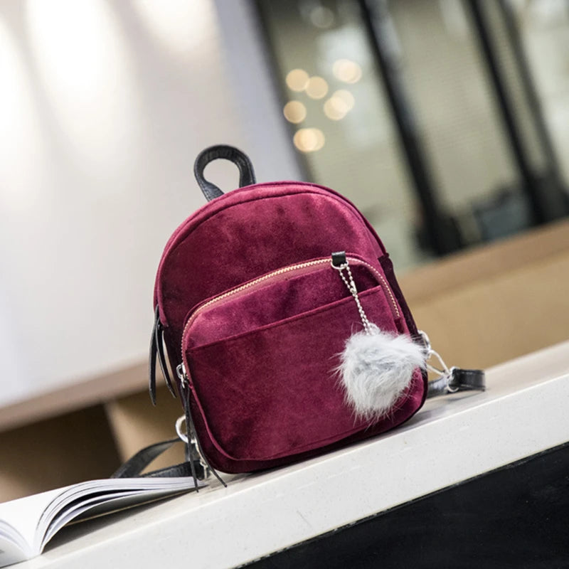 Velvet Backpack Schoolbag Zipper Pompom Mini Female Bags