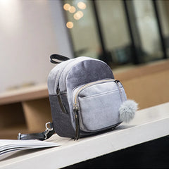 Velvet Backpack Schoolbag Zipper Pompom Mini Female Bags