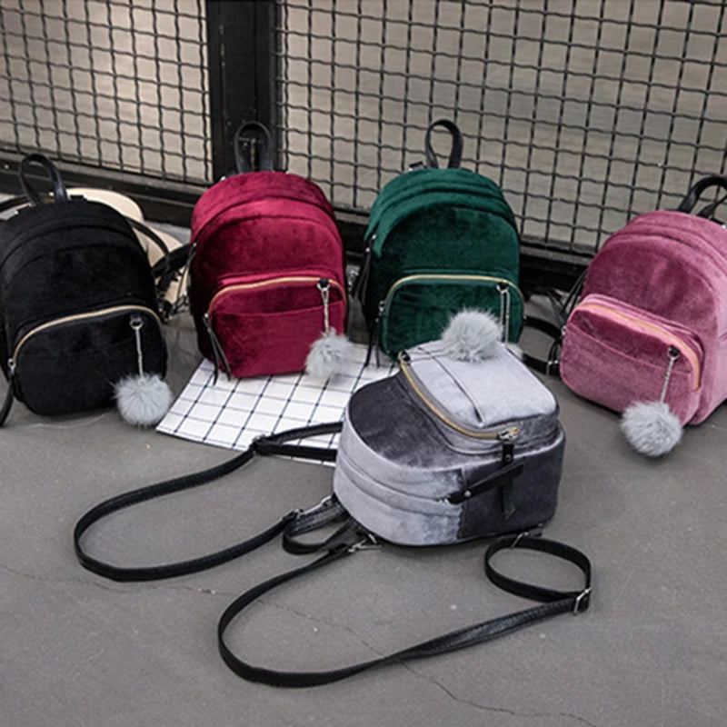 Velvet Backpack Schoolbag Zipper Pompom Mini Female Bags