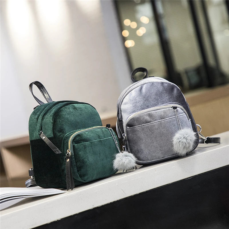 Velvet Backpack Schoolbag Zipper Pompom Mini Female Bags