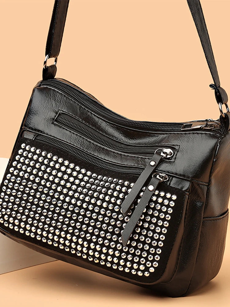 Middle Aged Women's Rivet Shoulder Bag PU Leather Hobos Messenger