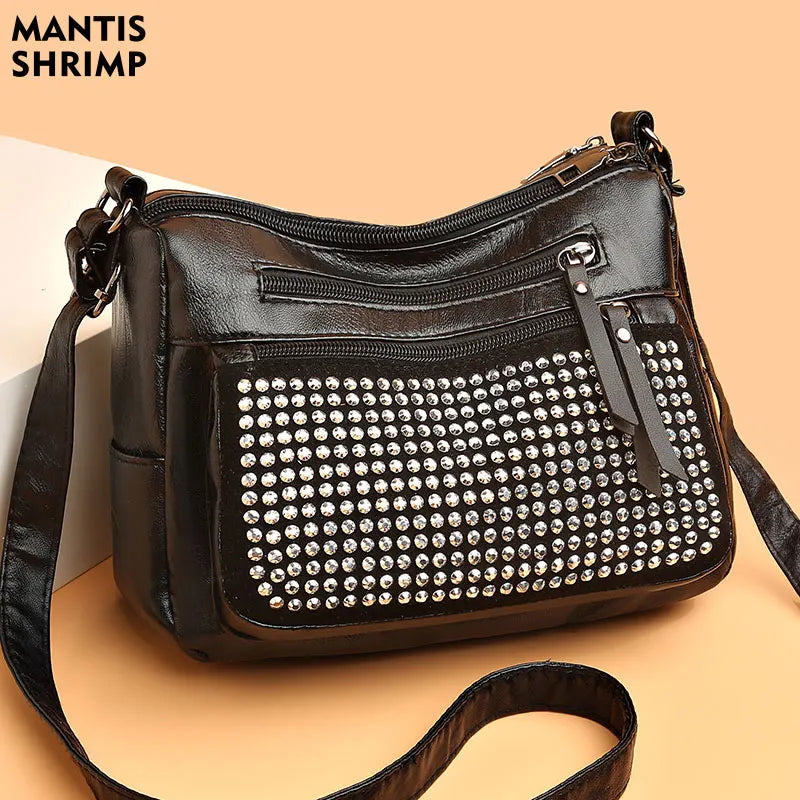 Middle Aged Women's Rivet Shoulder Bag PU Leather Hobos Messenger