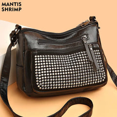 Middle Aged Women's Rivet Shoulder Bag PU Leather Hobos Messenger