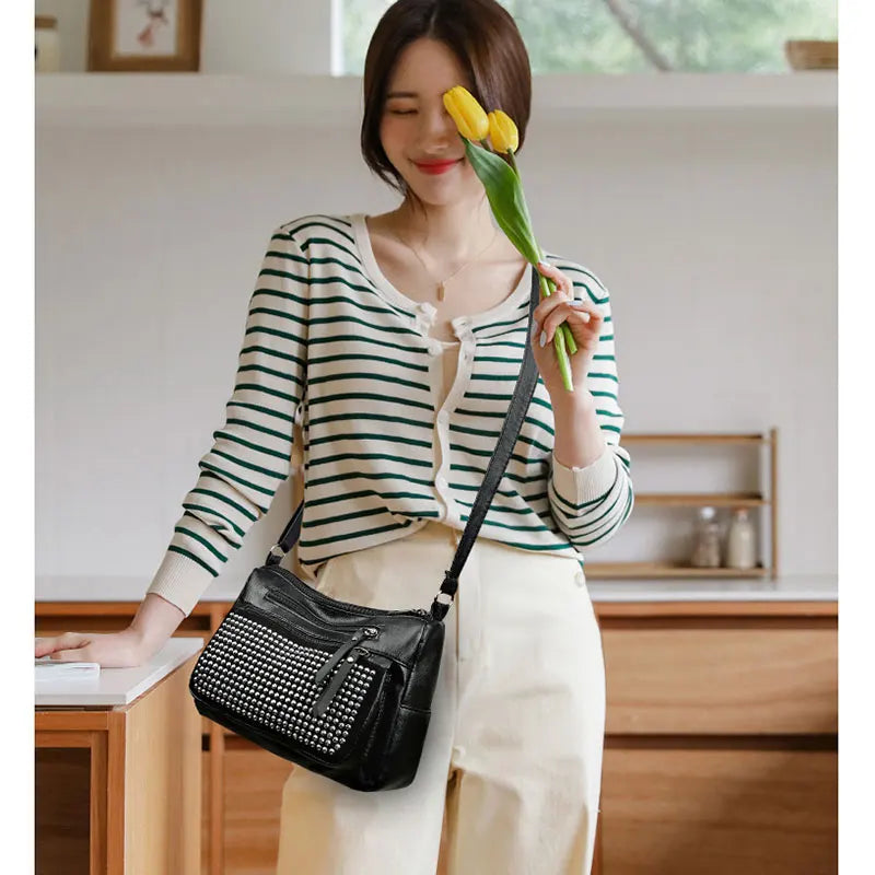 Middle Aged Women's Rivet Shoulder Bag PU Leather Hobos Messenger