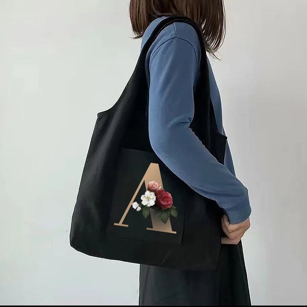 Canvas Flower Tote Bag with 26 Letters Print, Large Capacity Travel Shopping Bag