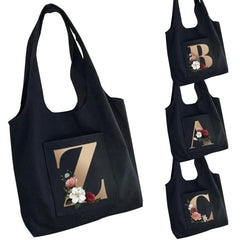 Canvas Flower Tote Bag with 26 Letters Print, Large Capacity Travel Shopping Bag