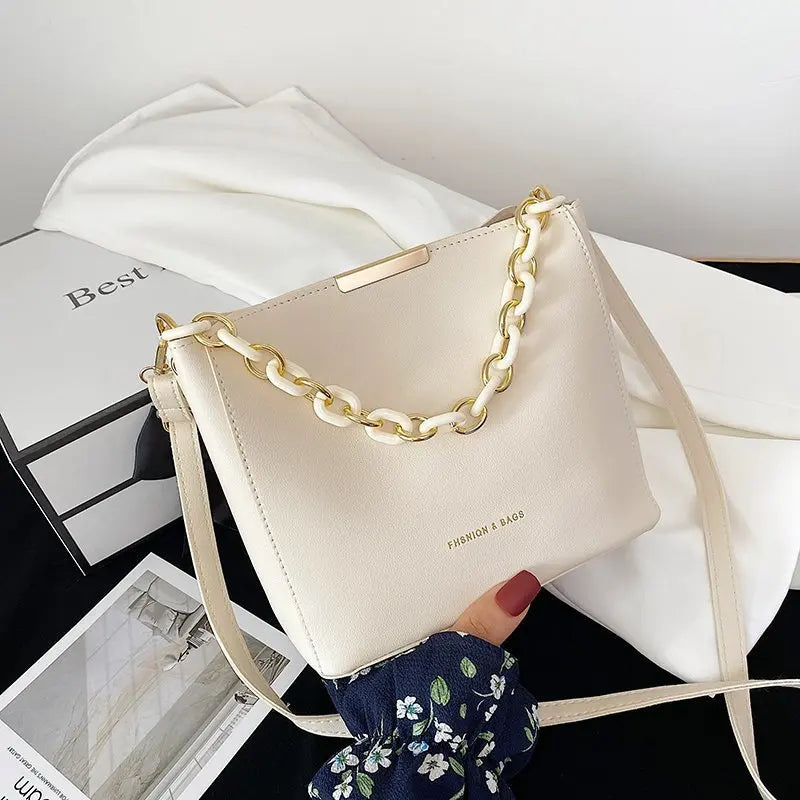 Women Bag PU Leather Shoulder Handbags Solid Chain Bucket Tote Female