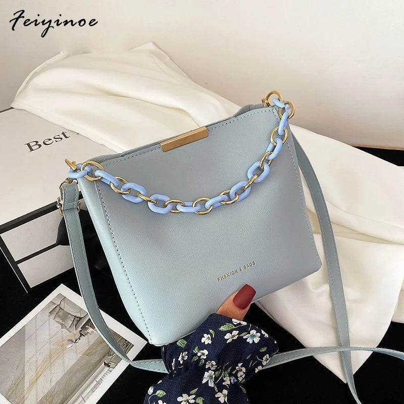Women Bag PU Leather Shoulder Handbags Solid Chain Bucket Tote Female