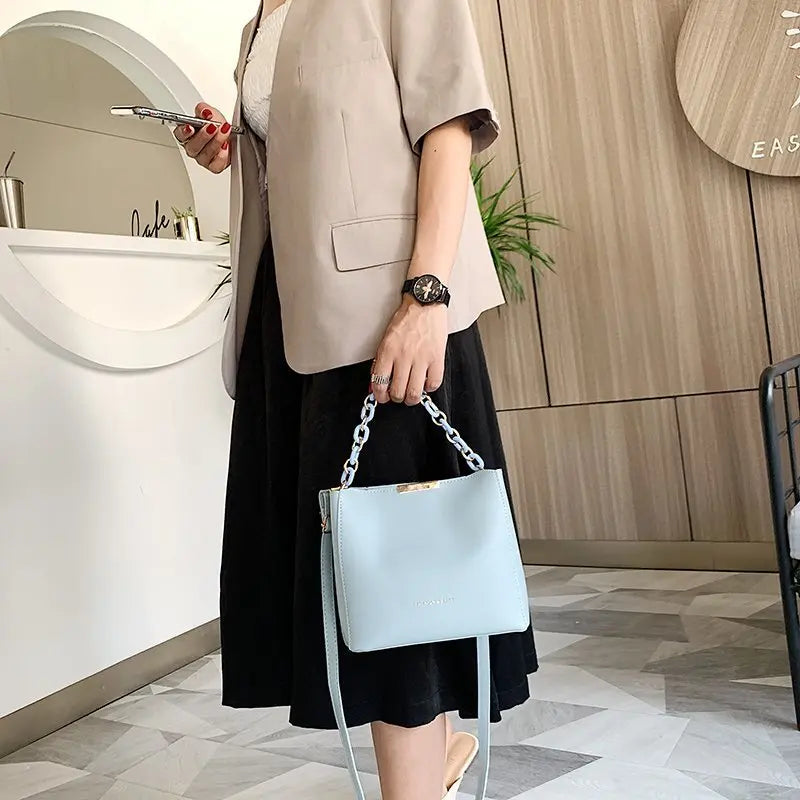 Women Bag PU Leather Shoulder Handbags Solid Chain Bucket Tote Female
