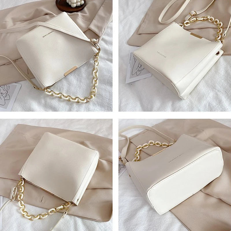 Women Bag PU Leather Shoulder Handbags Solid Chain Bucket Tote Female
