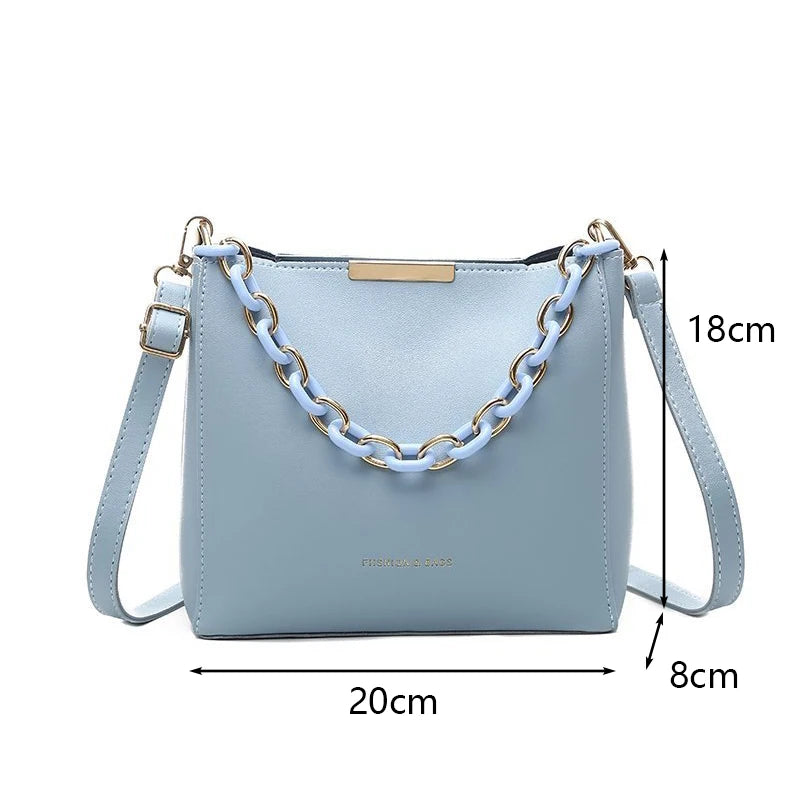 Women Bag PU Leather Shoulder Handbags Solid Chain Bucket Tote Female