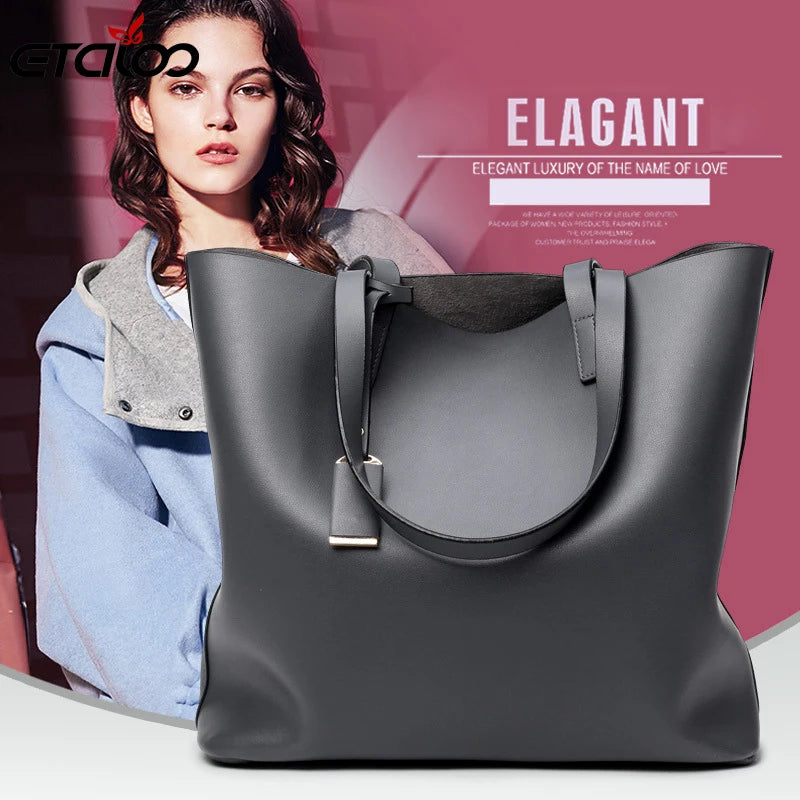 Large Bucket Bag Casual Shoulder Tote PU Leather Handbag