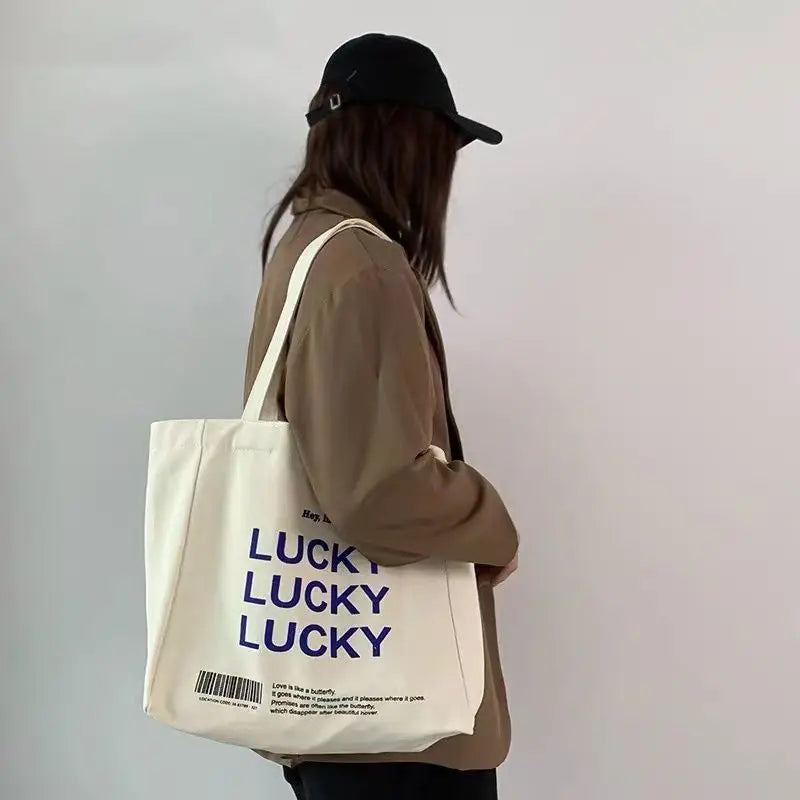 Women Bag Letter LUCKY Canvas Tote Bag Casual Hasp SOFT Shoulder Bags