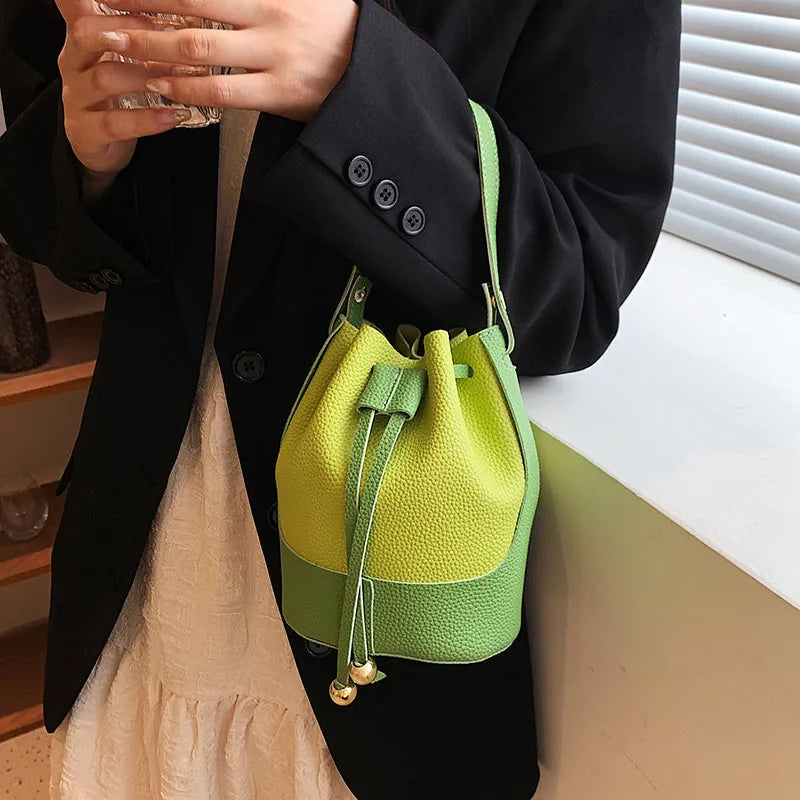 Summer Bright Bucket Shoulder Bag Drawstring Tote Bag PU Leather