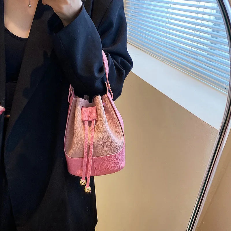 Summer Bright Bucket Shoulder Bag Drawstring Tote Bag PU Leather