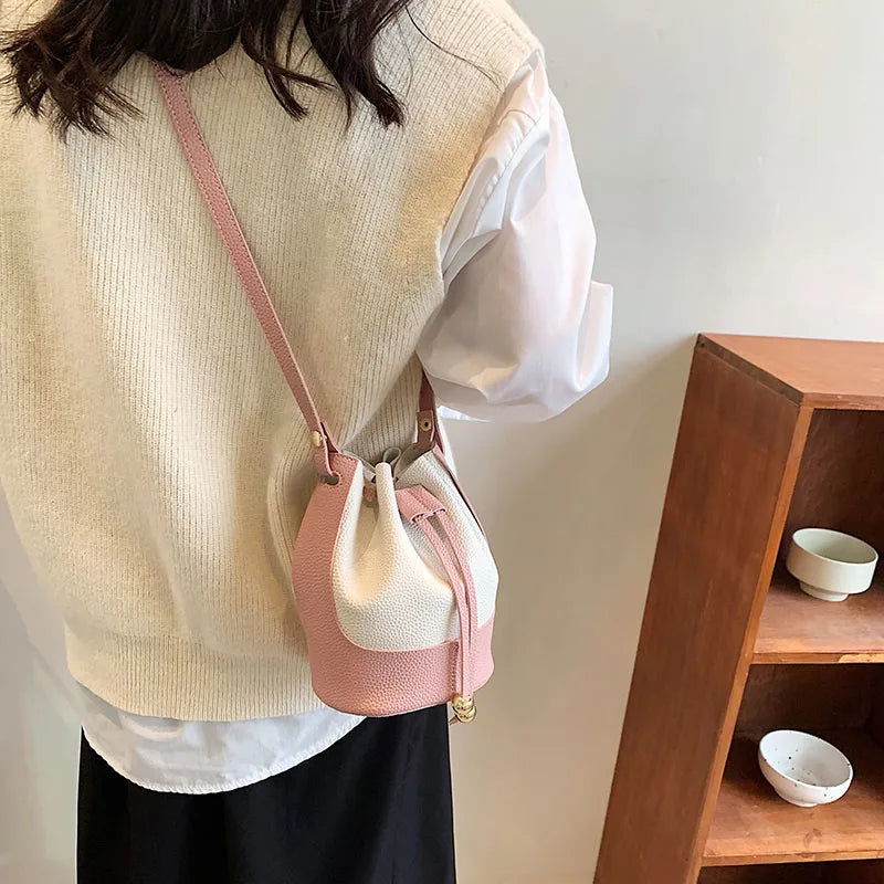 Summer Bright Bucket Shoulder Bag Drawstring Tote Bag PU Leather